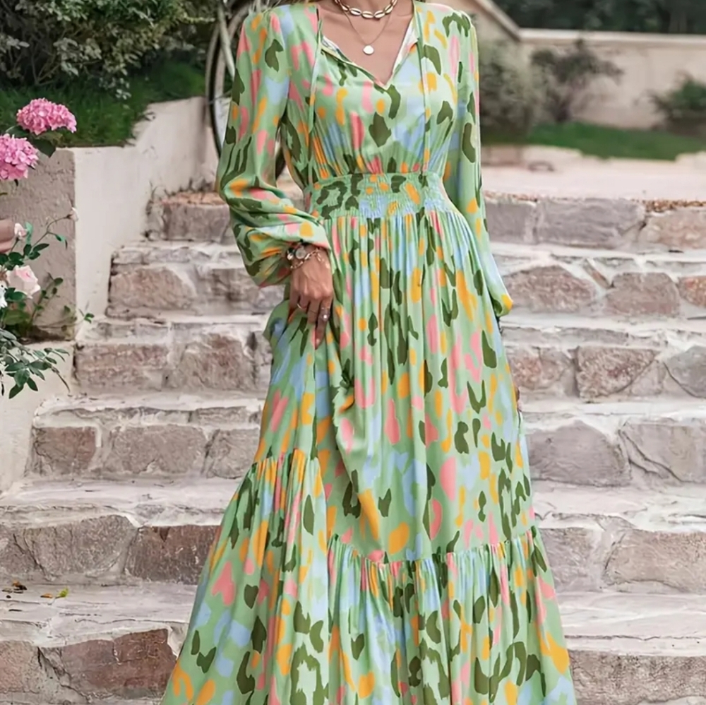 Green and Pink Maxi Sundress with Bishop Sleeves and V-Neck